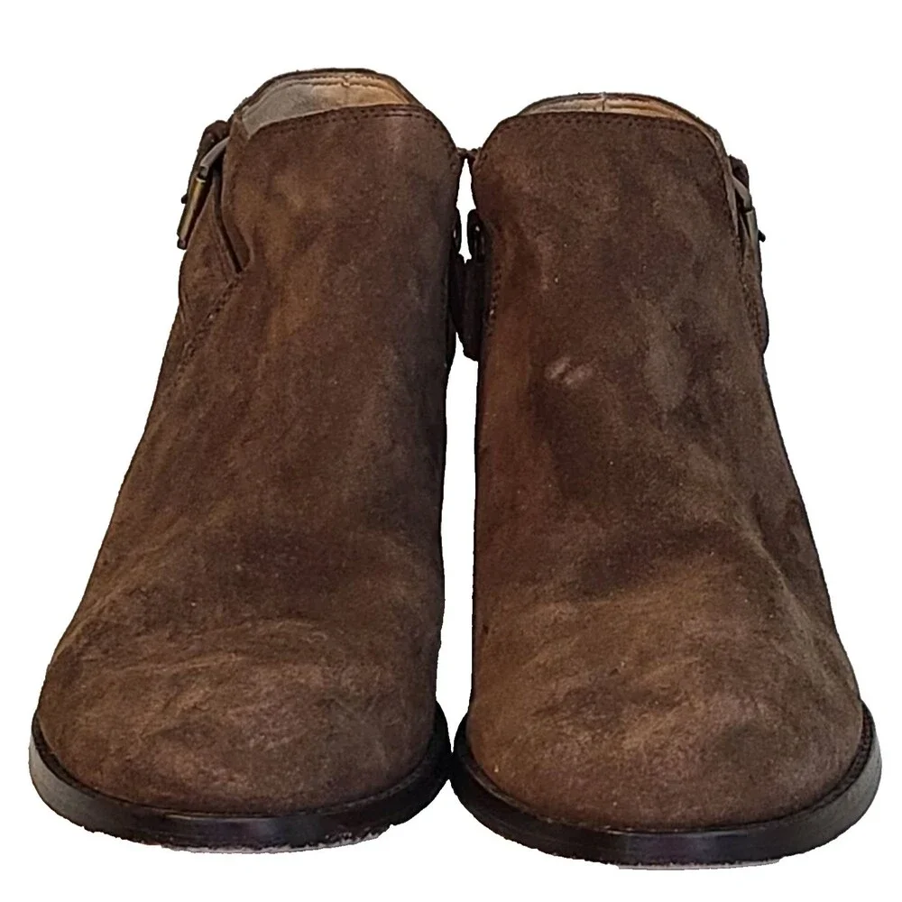 Eileen Fisher Brown Suede Ankle Boots 10 Vero Cuoio Side Buckle Zip Block Heel